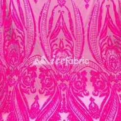 Neon Pink Geometric Sequin Fabric _ Embroidered 4 Way Stretch Mesh