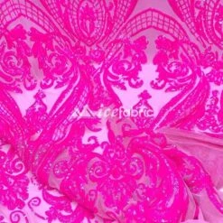 Neon Pink Geometric Sequin Fabric _ Embroidered 4 Way Stretch Mesh -Luxtex Store neon pink geometric sequin fabric embroidered 4 way stretch mesh 624621