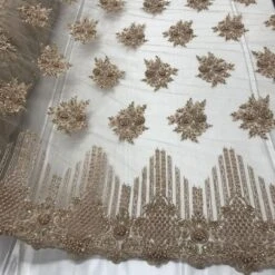 New Champagne Embroidered Mesh Lace Floral Beaded Lace Fabric -Luxtex Store new champagne embroidered mesh lace floral beaded lace fabric 528019