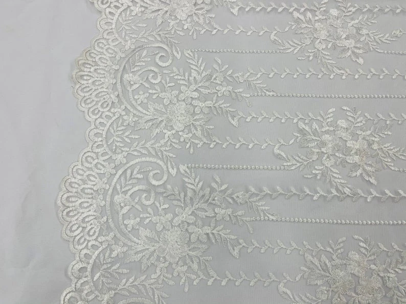 Of White Lace Fabric _ Embroidered Floral Flowers Lace On Mesh Fabric 5 Of White Lace Fabric _ Embroidered Floral Flowers Lace On Mesh Fabric - Image 3