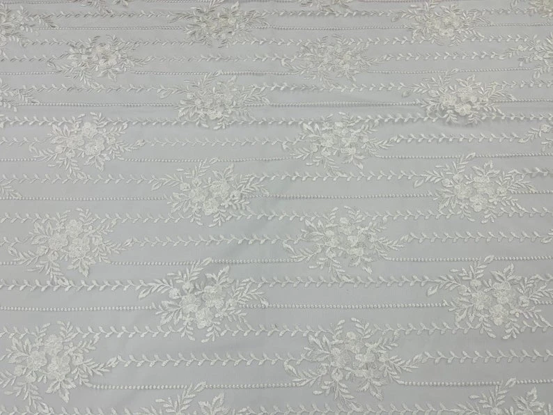 Of White Lace Fabric _ Embroidered Floral Flowers Lace On Mesh Fabric 6 Of White Lace Fabric _ Embroidered Floral Flowers Lace On Mesh Fabric - Image 4