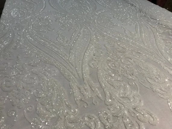 Off White Arabic Design Embroidered 4 Way Stretch Sequin Fabric Sold By The Yard 6 Off White Arabic Design Embroidered 4 Way Stretch Sequin Fabric Sold By The Yard - Image 4