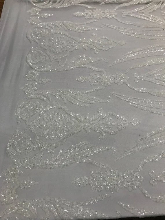 Off White Arabic Design Embroidered 4 Way Stretch Sequin Fabric Sold By The Yard 4 Off White Arabic Design Embroidered 4 Way Stretch Sequin Fabric Sold By The Yard - Image 2