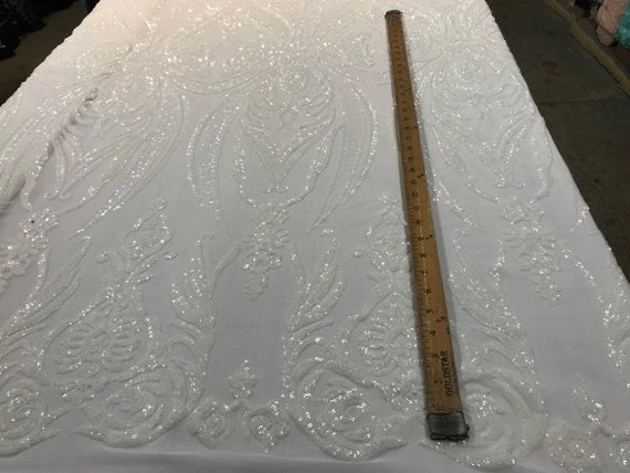Off White Arabic Design Embroidered 4 Way Stretch Sequin Fabric Sold By The Yard 9 Off White Arabic Design Embroidered 4 Way Stretch Sequin Fabric Sold By The Yard - Image 7