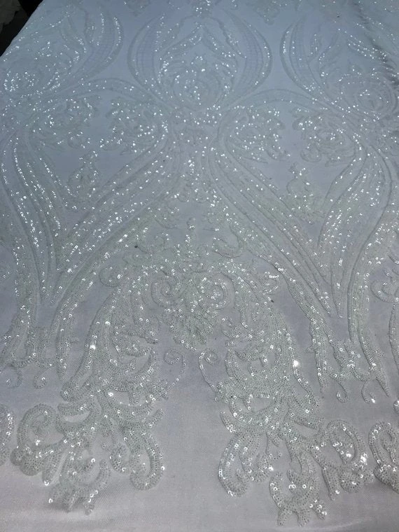 Off White Arabic Design Embroidered 4 Way Stretch Sequin Fabric Sold By The Yard 5 Off White Arabic Design Embroidered 4 Way Stretch Sequin Fabric Sold By The Yard - Image 3