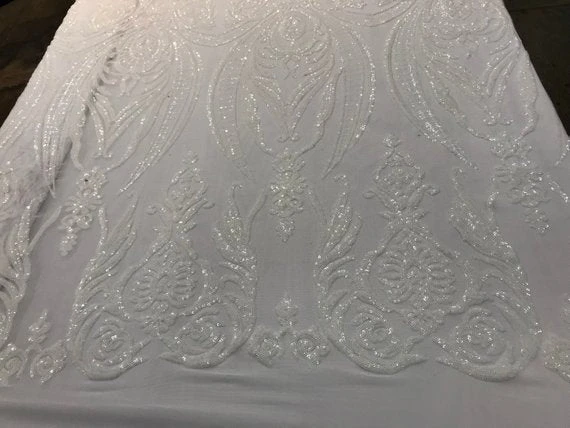 Off White Arabic Design Embroidered 4 Way Stretch Sequin Fabric Sold By The Yard 8 Off White Arabic Design Embroidered 4 Way Stretch Sequin Fabric Sold By The Yard - Image 6