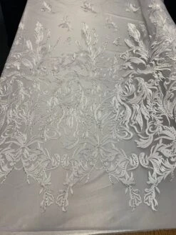 ONE Yard Mesh Lace Embroidered Fabric Leafs Design With Stones (White Color) High Quality Lace For Wedding/Prom/ Night Gowns Dress/ Fashion.