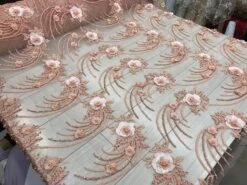 Peach Beaded Bridal Mesh Lace With Sequins Fabric For Wedding Fashion Dress