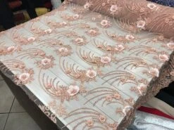 Peach Beaded Bridal Mesh Lace With Sequins Fabric For Wedding Fashion Dress -Luxtex Store peach beaded bridal mesh lace with sequins fabric for wedding fashion dress 902410