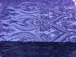 Purple Arabic Design Embroidered 4 Way Stretch Sequin Fabric Sold By The Yard