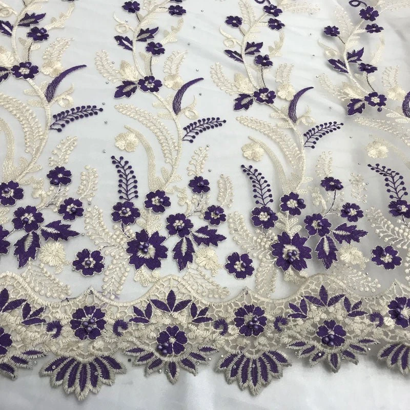 Purple Flower Design Prom Bridal Fabric Embroidered Mesh Lace 5 Purple Flower Design Prom Bridal Fabric Embroidered Mesh Lace - Image 3