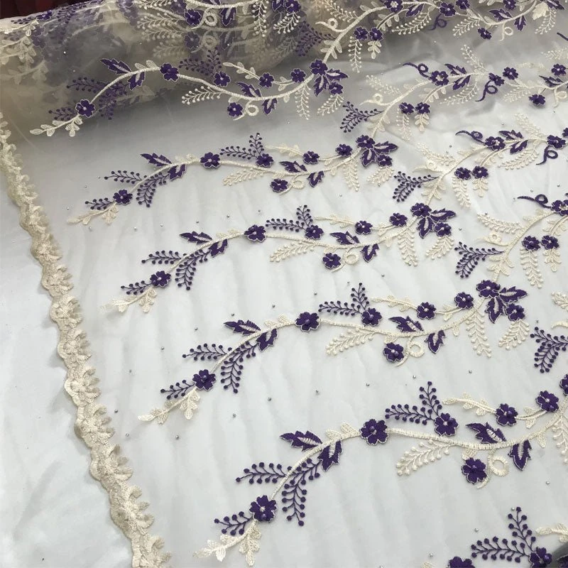 Purple Flower Design Prom Bridal Fabric Embroidered Mesh Lace 7 Purple Flower Design Prom Bridal Fabric Embroidered Mesh Lace - Image 5