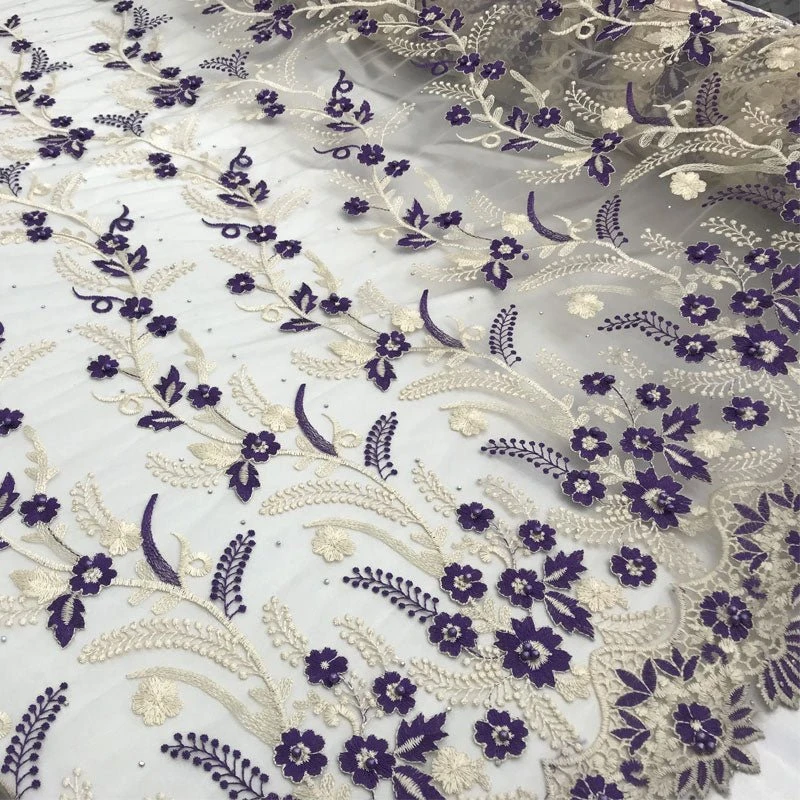 Purple Flower Design Prom Bridal Fabric Embroidered Mesh Lace 4 Purple Flower Design Prom Bridal Fabric Embroidered Mesh Lace - Image 2