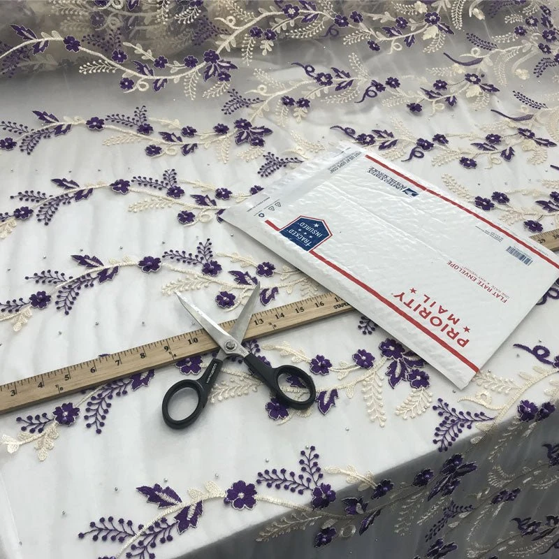 Purple Flower Design Prom Bridal Fabric Embroidered Mesh Lace 10 Purple Flower Design Prom Bridal Fabric Embroidered Mesh Lace - Image 8