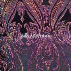 Purple, Orange Geometric Embroidered 4 Way Stretch Sequin Mesh Fabric