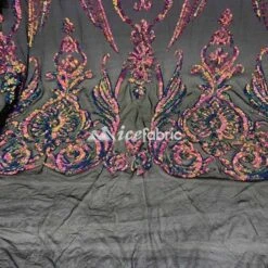 Purple, Orange Geometric Embroidered 4 Way Stretch Sequin Mesh Fabric -Luxtex Store purple orange geometric embroidered 4 way stretch sequin mesh fabric 933284