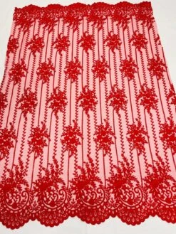 Red Lace Fabric _ Embroidered Floral Flowers Lace On Mesh Fabric
