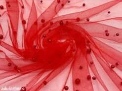 Red Pearls Lace Beaded Fabric On Tulle For Bridal Fabric