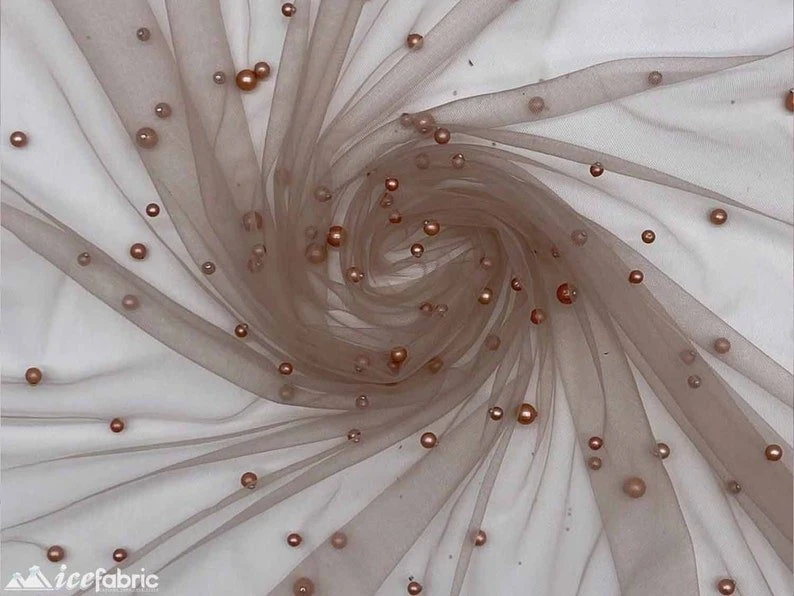 Rose Gold Pearls Lace Beaded Fabric On Tulle For Bridal Fabric 4 Rose Gold Pearls Lace Beaded Fabric On Tulle For Bridal Fabric - Image 2