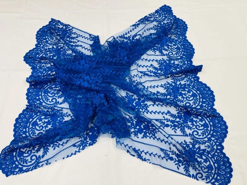 Royal Blue Lace Fabric _ Embroidered Floral Flowers Lace On Mesh Fabric 5 Royal Blue Lace Fabric _ Embroidered Floral Flowers Lace On Mesh Fabric - Image 3