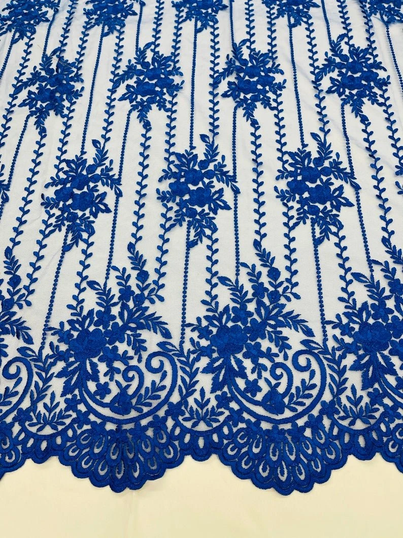 Royal Blue Lace Fabric _ Embroidered Floral Flowers Lace On Mesh Fabric 4 Royal Blue Lace Fabric _ Embroidered Floral Flowers Lace On Mesh Fabric - Image 2