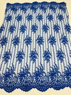 Royal Blue Lace Fabric _ Embroidered Floral Flowers Lace On Mesh Fabric