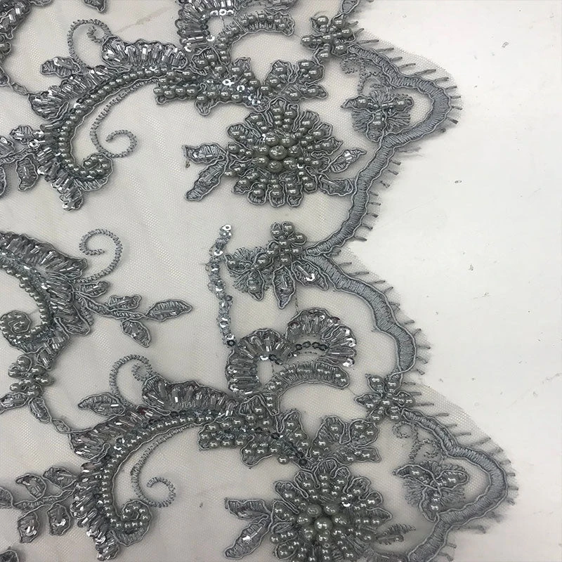 Silver Fine Embroidered Mesh Lace With Beads Bridal Wedding Fabric 10 Silver Fine Embroidered Mesh Lace With Beads Bridal Wedding Fabric - Image 8