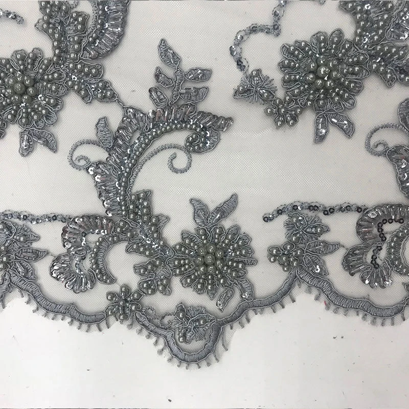 Silver Fine Embroidered Mesh Lace With Beads Bridal Wedding Fabric 9 Silver Fine Embroidered Mesh Lace With Beads Bridal Wedding Fabric - Image 7