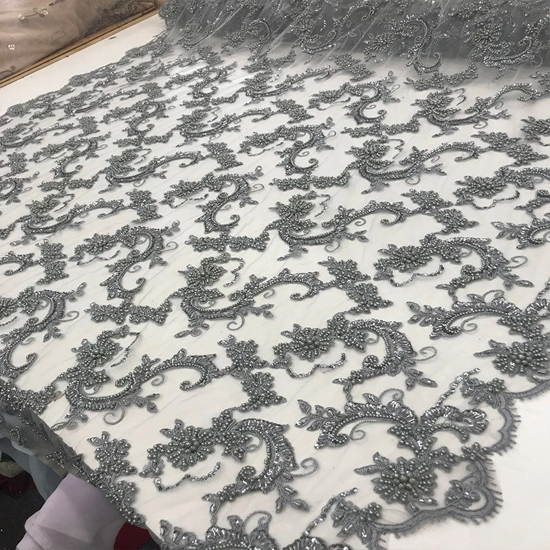 Silver Fine Embroidered Mesh Lace With Beads Bridal Wedding Fabric 6 Silver Fine Embroidered Mesh Lace With Beads Bridal Wedding Fabric - Image 4
