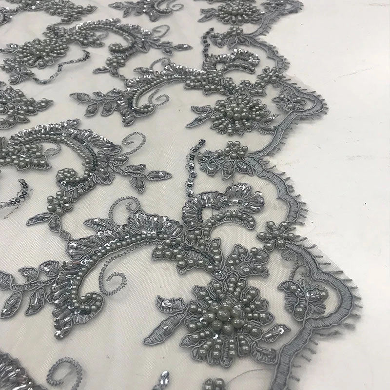 Silver Fine Embroidered Mesh Lace With Beads Bridal Wedding Fabric 8 Silver Fine Embroidered Mesh Lace With Beads Bridal Wedding Fabric - Image 6