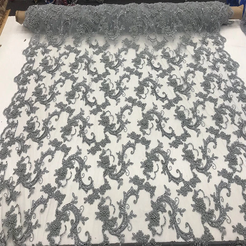 Silver Fine Embroidered Mesh Lace With Beads Bridal Wedding Fabric 3 Silver Fine Embroidered Mesh Lace With Beads Bridal Wedding Fabric