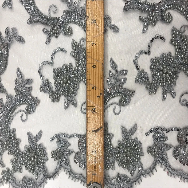 Silver Fine Embroidered Mesh Lace With Beads Bridal Wedding Fabric 5 Silver Fine Embroidered Mesh Lace With Beads Bridal Wedding Fabric - Image 3