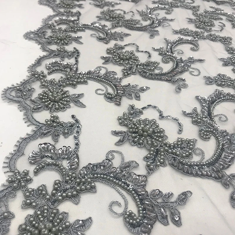 Silver Fine Embroidered Mesh Lace With Beads Bridal Wedding Fabric 7 Silver Fine Embroidered Mesh Lace With Beads Bridal Wedding Fabric - Image 5
