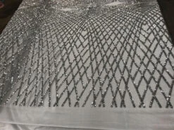 Silver Luxury Designed Embroidery Sequin 4 Way Stretch Fabric Sold By The Yard