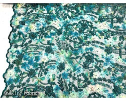 3D Flowers Floral Beaded Fabric | Sequin Lace On Mesh -Luxtex Store teal green 3d flowers floral beaded fabric sequin lace on mesh 1