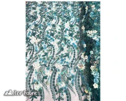 3D Flowers Floral Beaded Fabric | Sequin Lace On Mesh -Luxtex Store teal green 3d flowers floral beaded fabric sequin lace on mesh 2