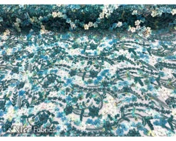 3D Flowers Floral Beaded Fabric | Sequin Lace On Mesh -Luxtex Store teal green 3d flowers floral beaded fabric sequin lace on mesh 3