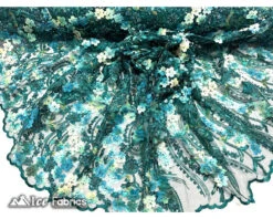 3D Flowers Floral Beaded Fabric | Sequin Lace On Mesh -Luxtex Store teal green 3d flowers floral beaded fabric sequin lace on mesh 4