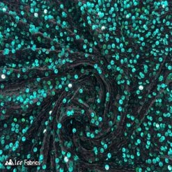 Teal On Black Emma Stretch Velvet Fabric With Embroidery Sequin