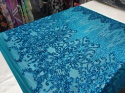 Turquoise Luxury Design Embroidered 4 Way Stretch Sequin Fabric Sold By The Yard -Luxtex Store turquoise luxury design embroidered 4 way stretch sequin fabric sold by the yard 262602