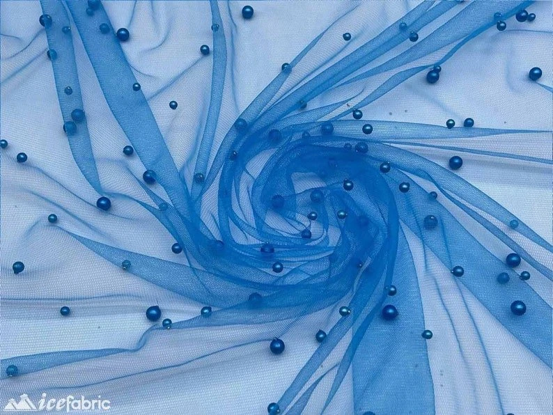 Turquoise Pearls Lace Beaded Fabric On Tulle For Bridal Fabric 3 Turquoise Pearls Lace Beaded Fabric On Tulle For Bridal Fabric