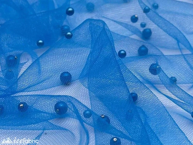 Turquoise Pearls Lace Beaded Fabric On Tulle For Bridal Fabric 4 Turquoise Pearls Lace Beaded Fabric On Tulle For Bridal Fabric - Image 2