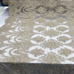 White And Gold Bridal Beaded Designed Floral Embroidered Mesh Lace Fabric