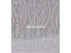 White, Blue Geometric Sequin Fabric _ Embroidered 4 Way Stretch Mesh