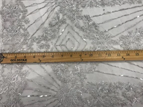 White Lace By The Yard Embroidered Lace With Beads And Sequins French Bridal Veil Wedding Decoration Home Women Fashion Prom Dresses 6 White Lace By The Yard Embroidered Lace With Beads And Sequins French Bridal Veil Wedding Decoration Home Women Fashion Prom Dresses - Image 4