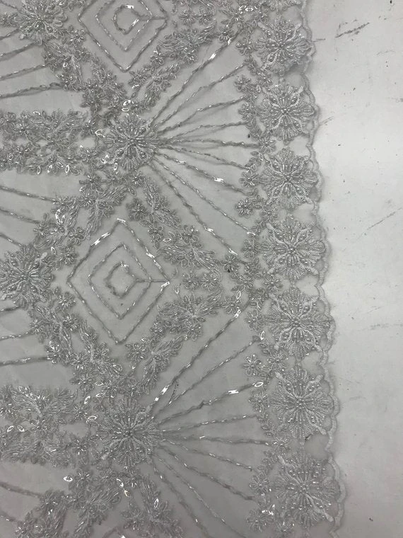 White Lace By The Yard Embroidered Lace With Beads And Sequins French Bridal Veil Wedding Decoration Home Women Fashion Prom Dresses 8 White Lace By The Yard Embroidered Lace With Beads And Sequins French Bridal Veil Wedding Decoration Home Women Fashion Prom Dresses - Image 6