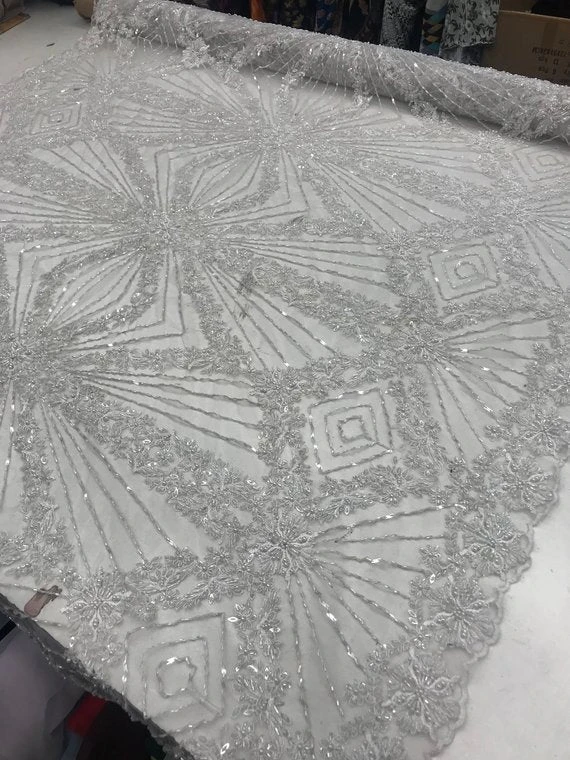 White Lace By The Yard Embroidered Lace With Beads And Sequins French Bridal Veil Wedding Decoration Home Women Fashion Prom Dresses 10 White Lace By The Yard Embroidered Lace With Beads And Sequins French Bridal Veil Wedding Decoration Home Women Fashion Prom Dresses - Image 8